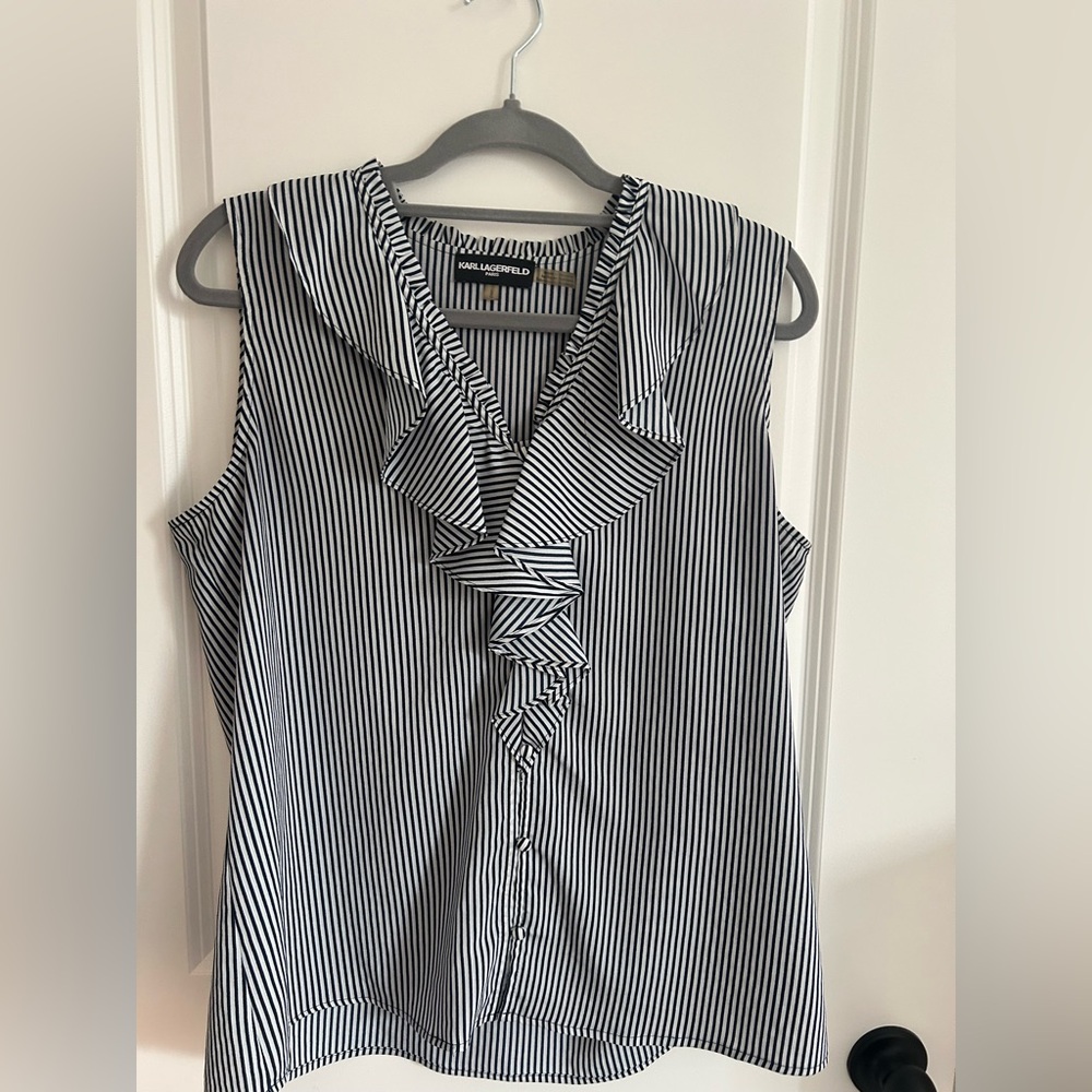 Karl Lagerfeld Black and White Vertical Stripe Ruffle Blouse